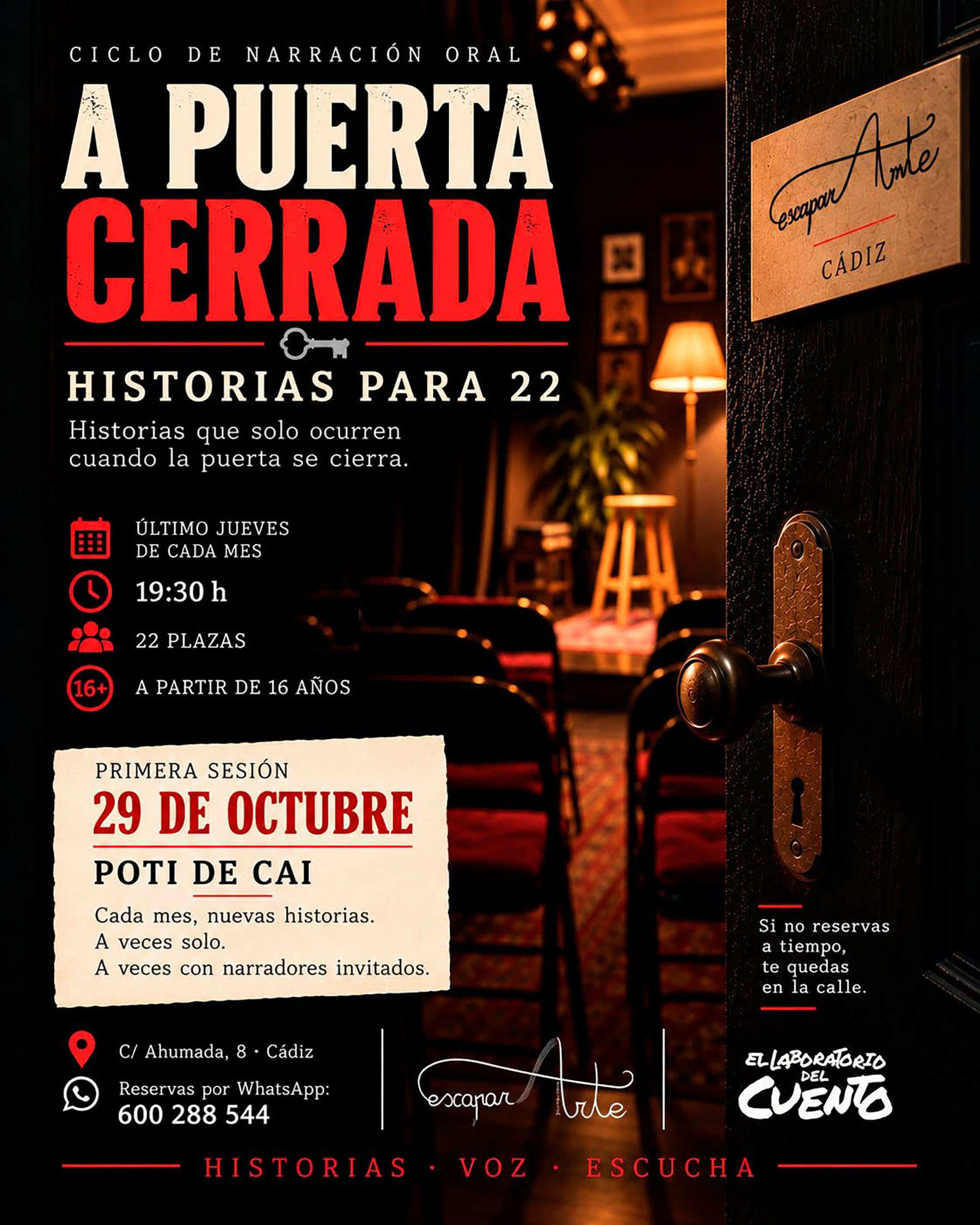 Cartel de «A PUERTA CERRADA · Historias para 22», con Poti de Cai, en un diseño de tonos oscuros y letras rojas y blancas.
