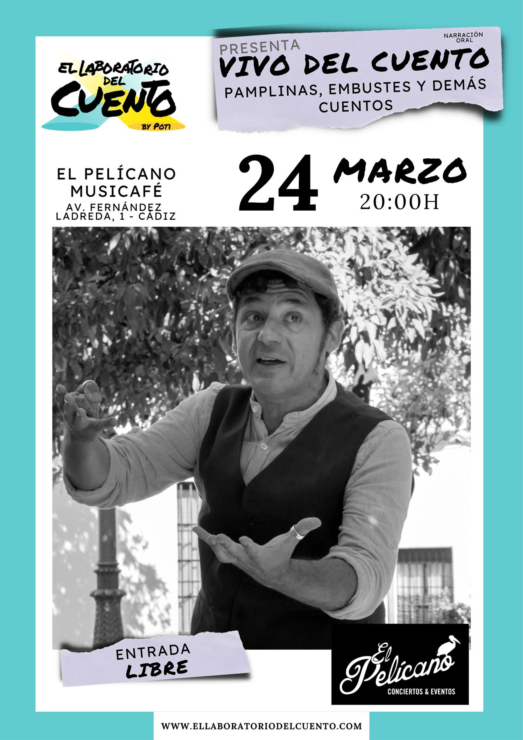 Cartel de «Pamplinas, embustes y demás cuentos», con Vivo Del Cuento.