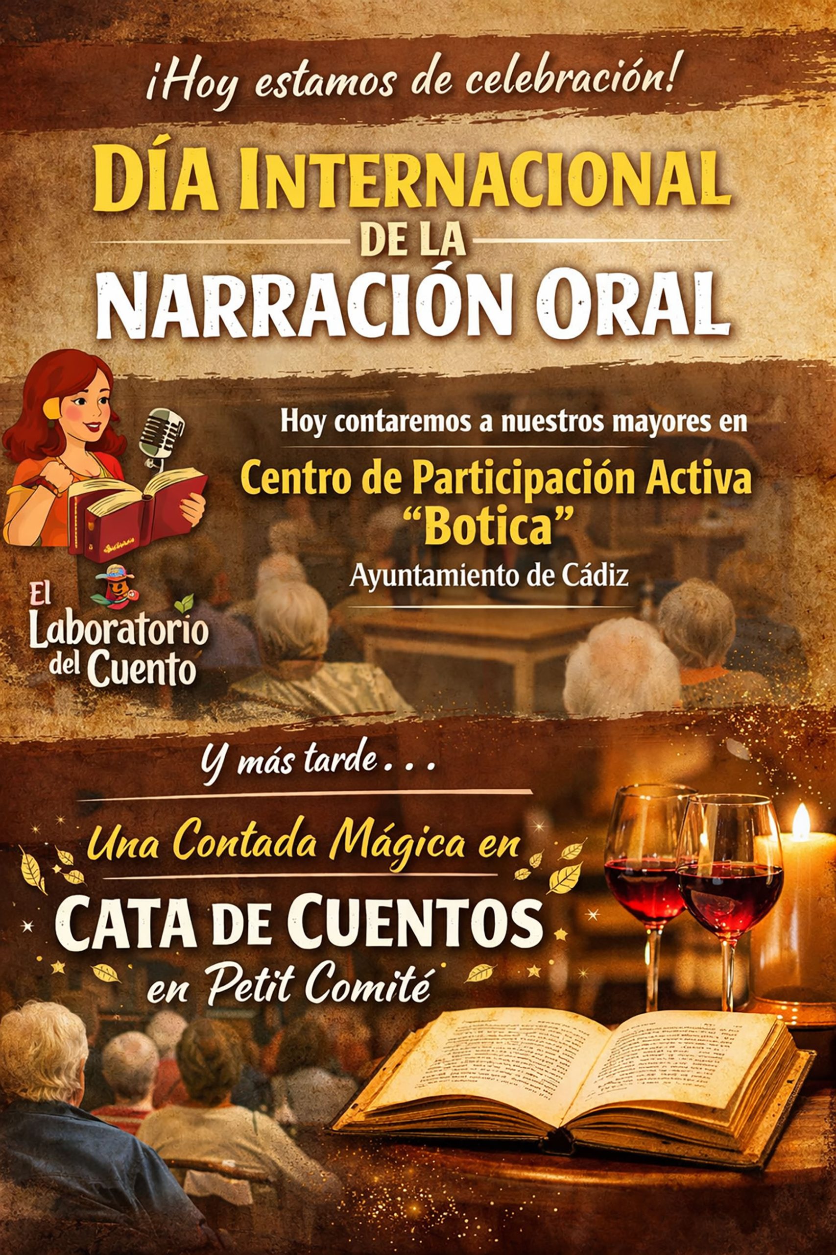 Cartel de «Celebrando los cuentos: Día Internacional de la Narración Oral», con Poti de Cai, Juanjo Merapalabra y Albertito de Jeré.
