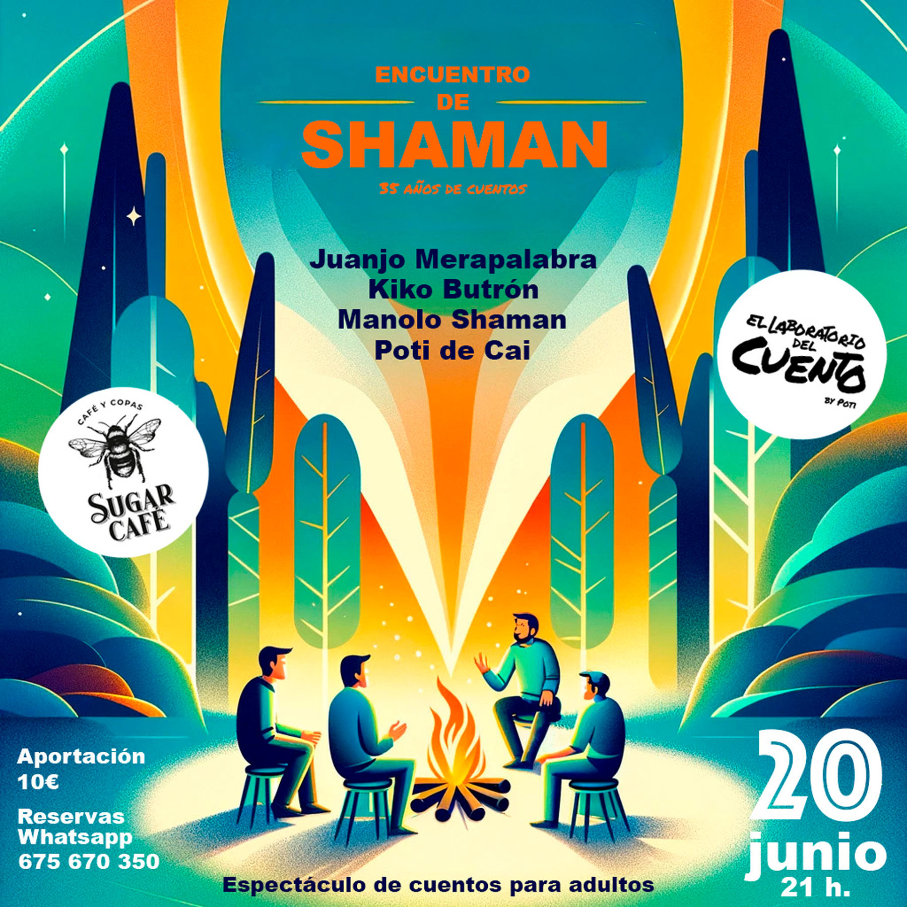 Cartel de «35 años de cuentos», con Encuentro De Shaman.