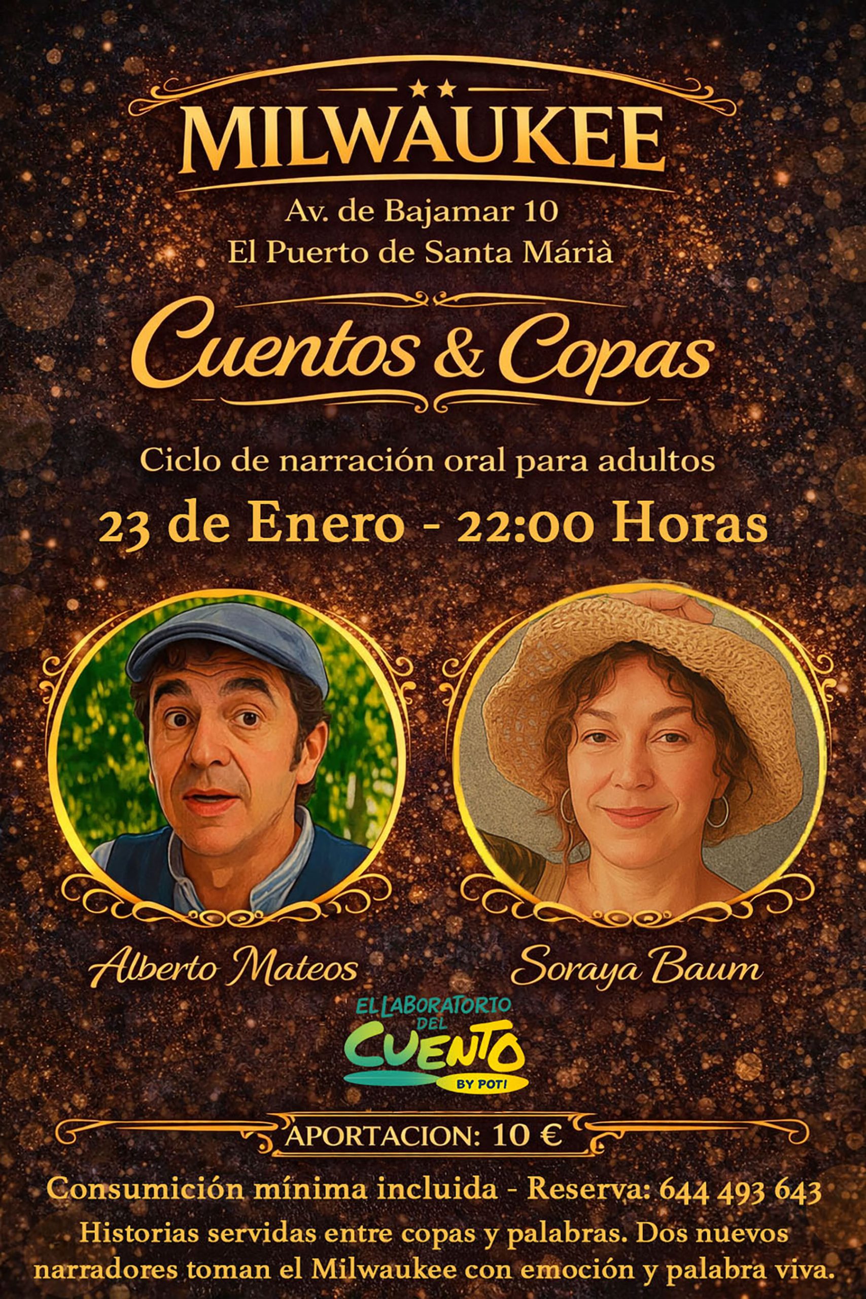 Cartel de «Cuentos & Copas», con Soraya Baum y Alberto Mateos.