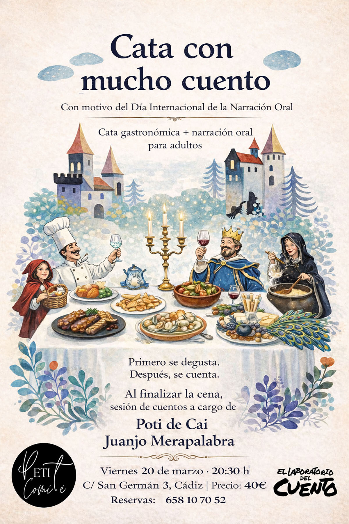 Cartel de «Cata con mucho cuento», con Poti de Cai y Juanjo Merapalabra.