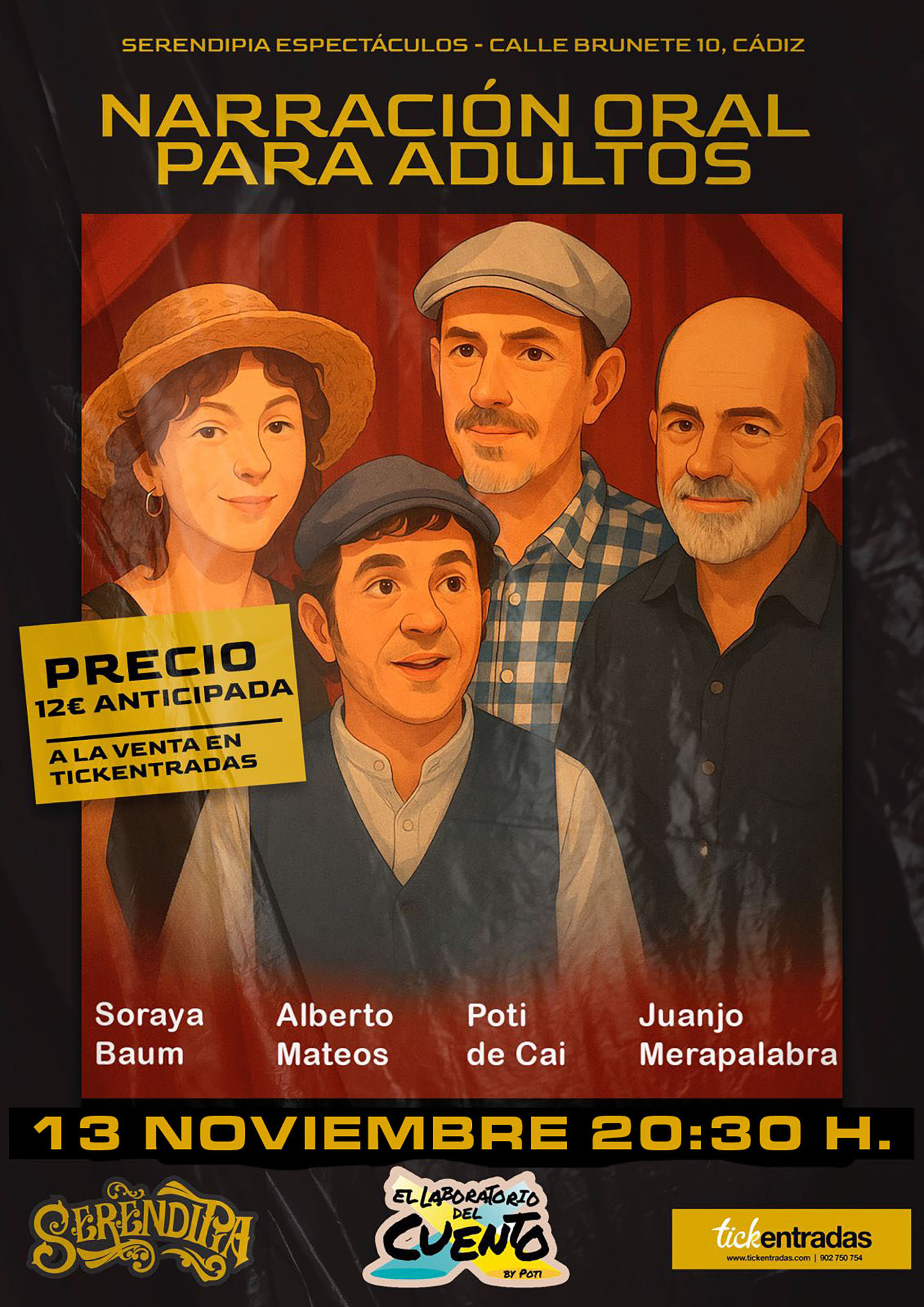 Cartel de «Comienzo de Temporada», con Juanjo Merapalabra, Soraya Baum, Alberto Mateos y Poti de Cai.
