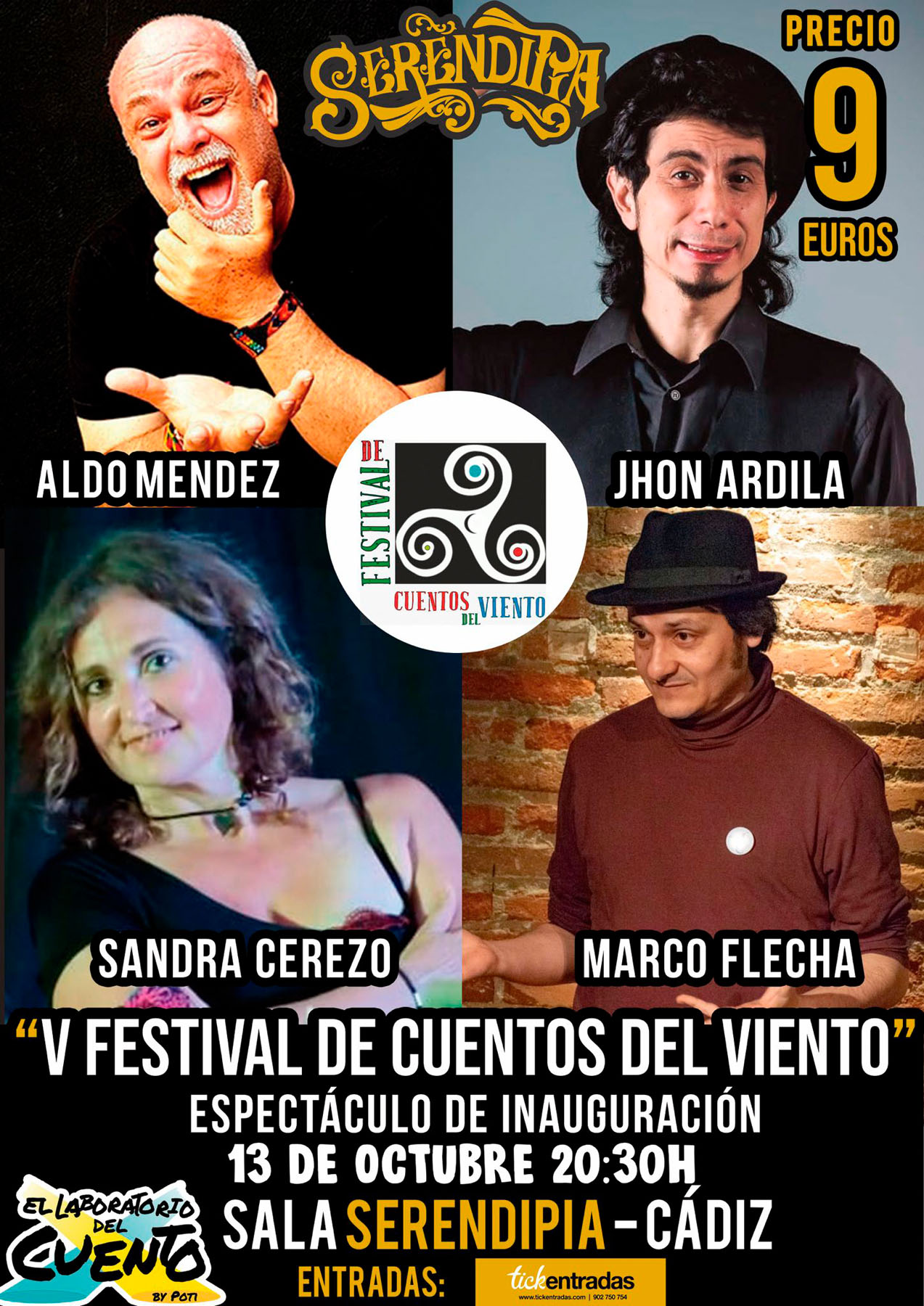 Cartel de «Inauguración del V Festival de Cuentos del Viento», con Aldo Méndez, Jhon Ardila, Sandra Cerezo y Marco Flecha.