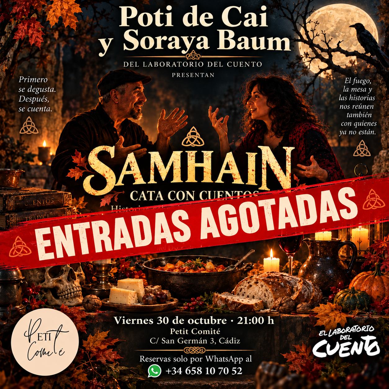 Cartel de «SAMHAIN · Cata con cuentos», con Poti de Cai y Soraya Baum, una luna y un ambiente otoñal.